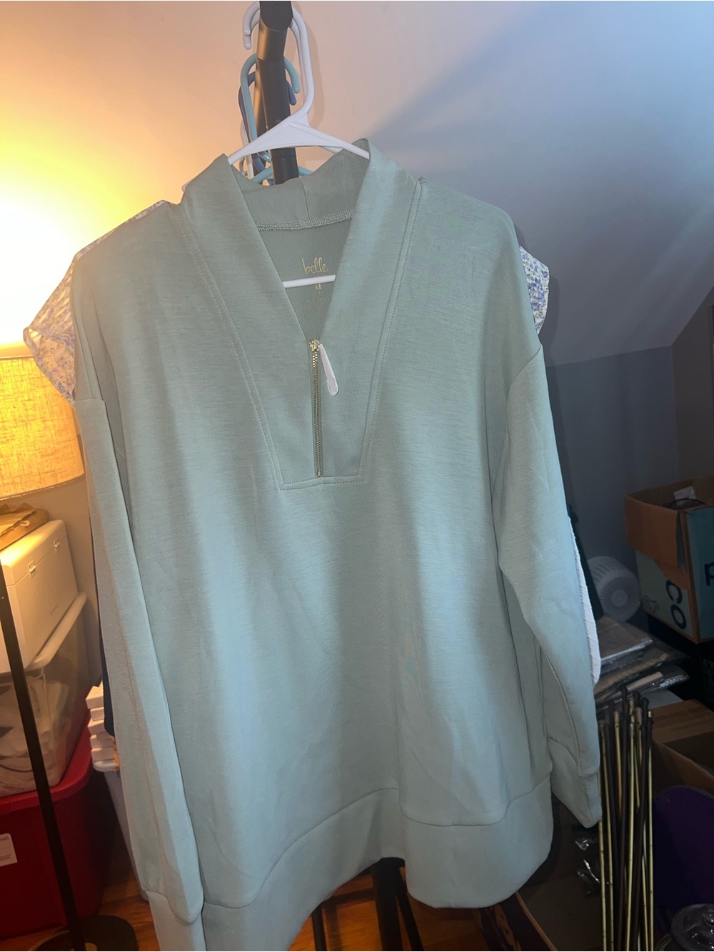 Elle Sage Green Zip-Neck Sweater